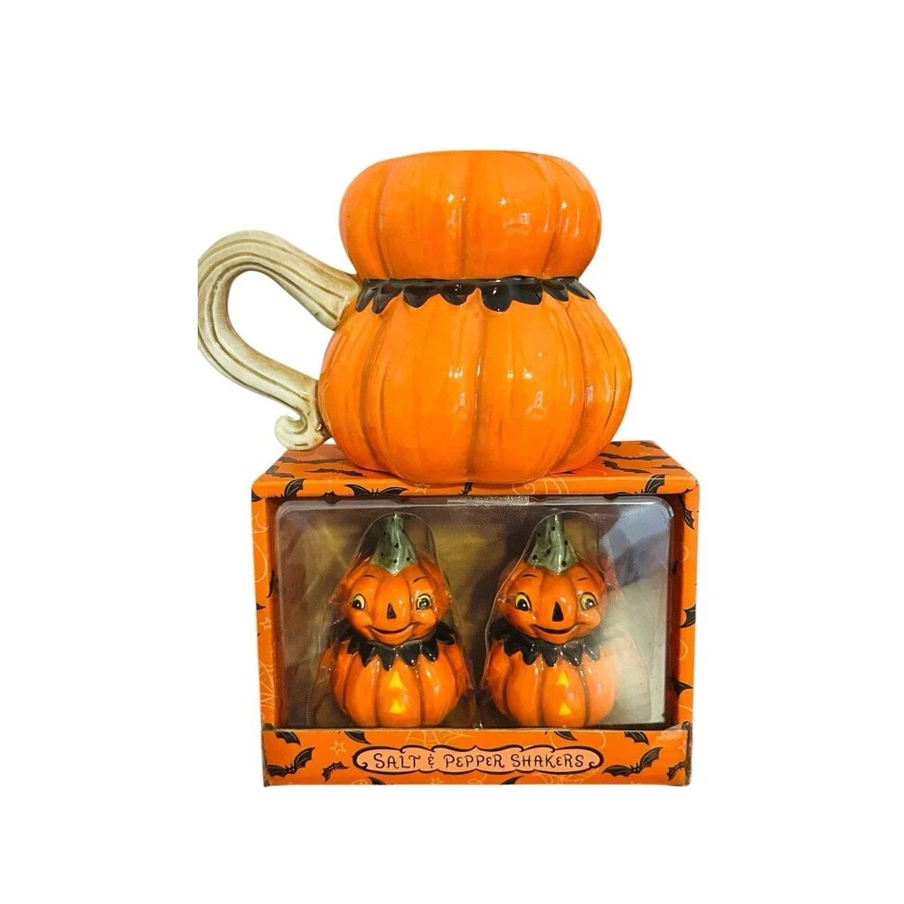 Johanna Parker Halloween Pumpkin Mug & Pumpkin Salt & Pepper Shaker Set Transpac